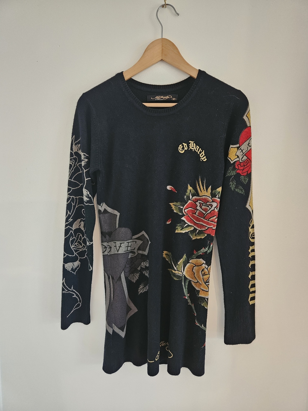 Ed Hardy Christian Audigier Sweater Dress Womens Medium Rose Tattoo Print